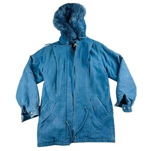 Y2K St. John's Bay Jacket Women S Blue Fox Fur Trim Thermolite Insulated Hooded